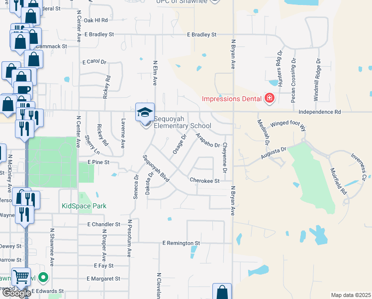 map of restaurants, bars, coffee shops, grocery stores, and more near 15 Mojave Drive in Shawnee