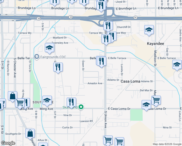 map of restaurants, bars, coffee shops, grocery stores, and more near 301 Trinity Avenue in Bakersfield