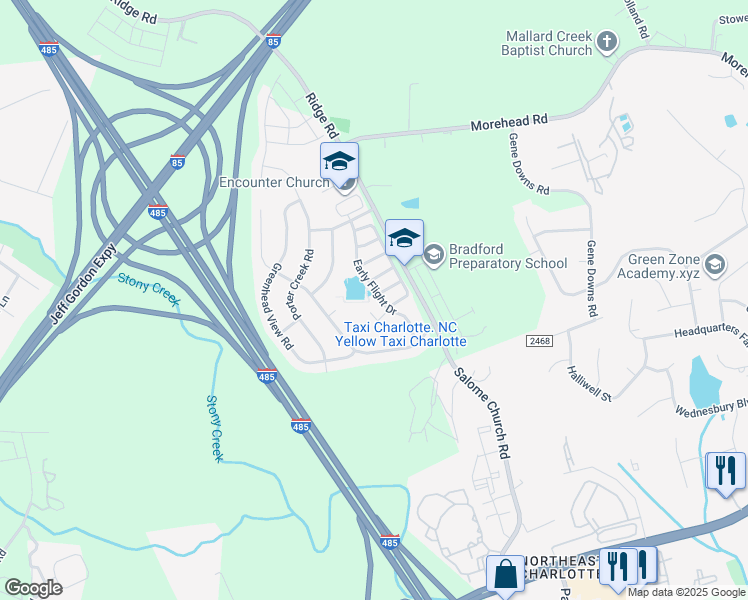 map of restaurants, bars, coffee shops, grocery stores, and more near 2531 Early Flight Drive in Charlotte