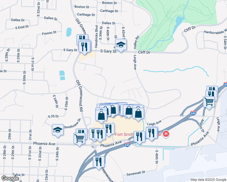 map of restaurants, bars, coffee shops, grocery stores, and more near 4102 Seminole Circle in Fort Smith