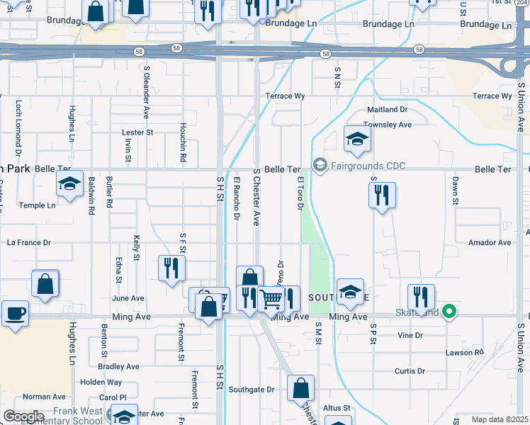 map of restaurants, bars, coffee shops, grocery stores, and more near 1104 South Chester Avenue in Bakersfield
