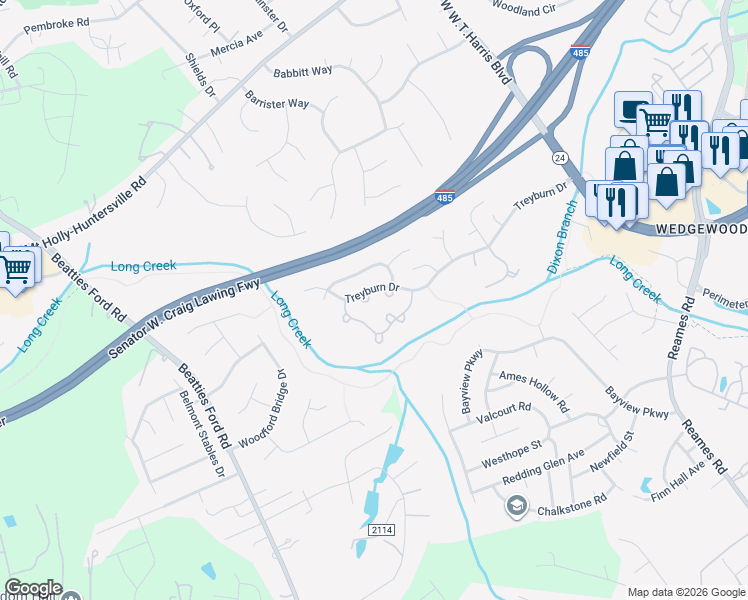 map of restaurants, bars, coffee shops, grocery stores, and more near 8812 Treyburn Drive in Charlotte