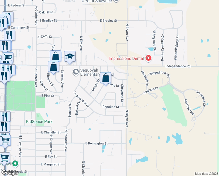 map of restaurants, bars, coffee shops, grocery stores, and more near 20 Chickasaw Drive in Shawnee