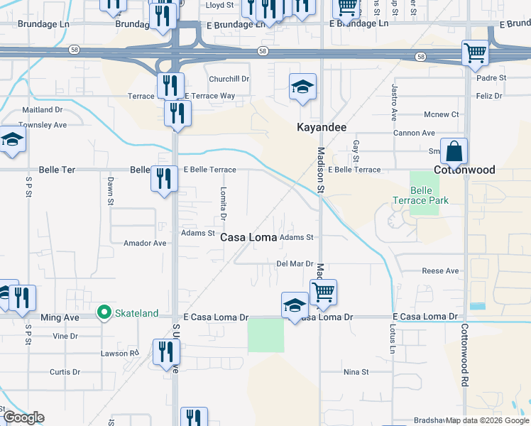 map of restaurants, bars, coffee shops, grocery stores, and more near 1005 Bunting Drive in Bakersfield