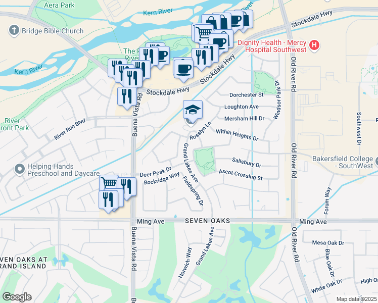 map of restaurants, bars, coffee shops, grocery stores, and more near 1103 Beckenham Parkway in Bakersfield