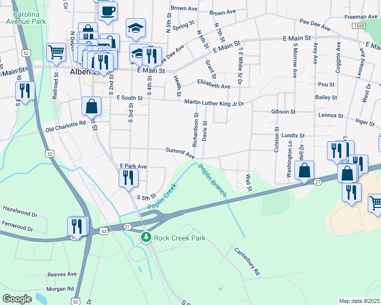 map of restaurants, bars, coffee shops, grocery stores, and more near 427 Summit Avenue in Albemarle