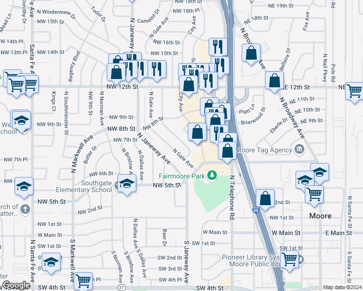 map of restaurants, bars, coffee shops, grocery stores, and more near 737 Lawton Avenue in Moore