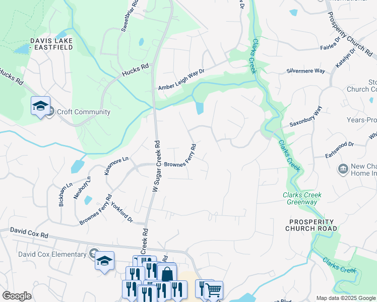 map of restaurants, bars, coffee shops, grocery stores, and more near 3512 Brownes Ferry Road in Charlotte