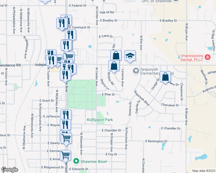 map of restaurants, bars, coffee shops, grocery stores, and more near 1301 Sherry Lane in Shawnee