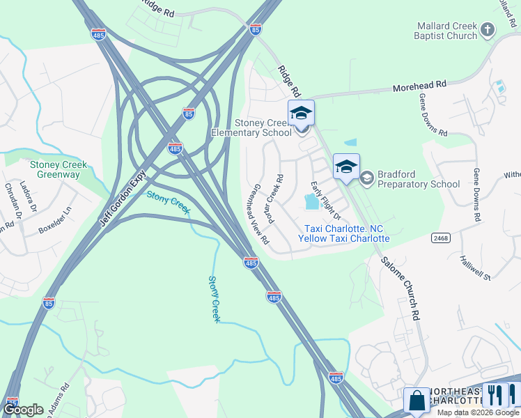 map of restaurants, bars, coffee shops, grocery stores, and more near 10801 Greenhead View Road in Charlotte
