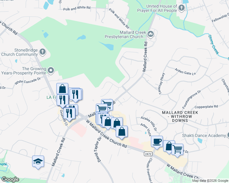 map of restaurants, bars, coffee shops, grocery stores, and more near 2620 Merion Hills Court in Charlotte