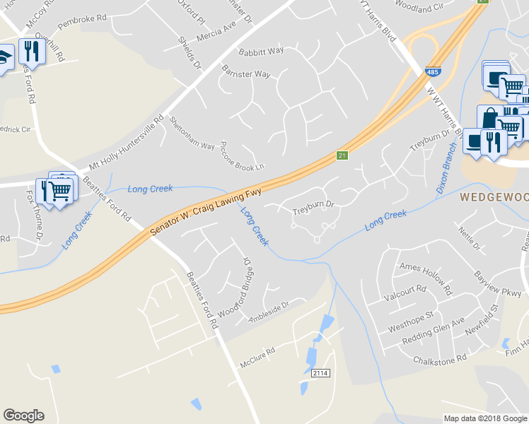 map of restaurants, bars, coffee shops, grocery stores, and more near 8610 Treyburn Drive in Charlotte