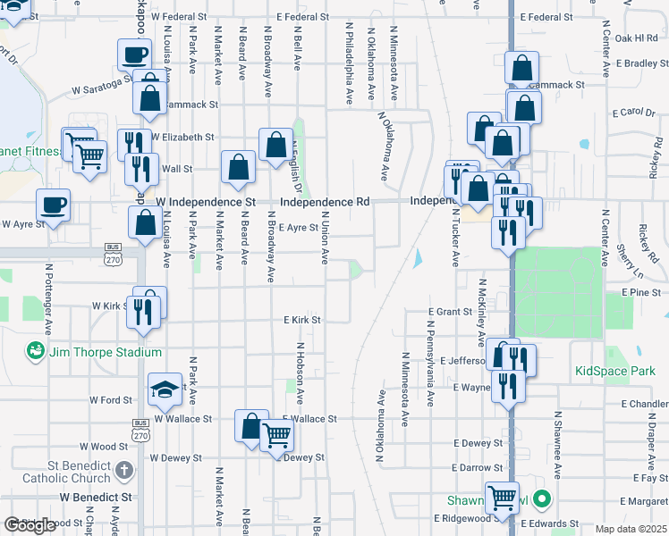 map of restaurants, bars, coffee shops, grocery stores, and more near 1207 North Union Avenue in Shawnee