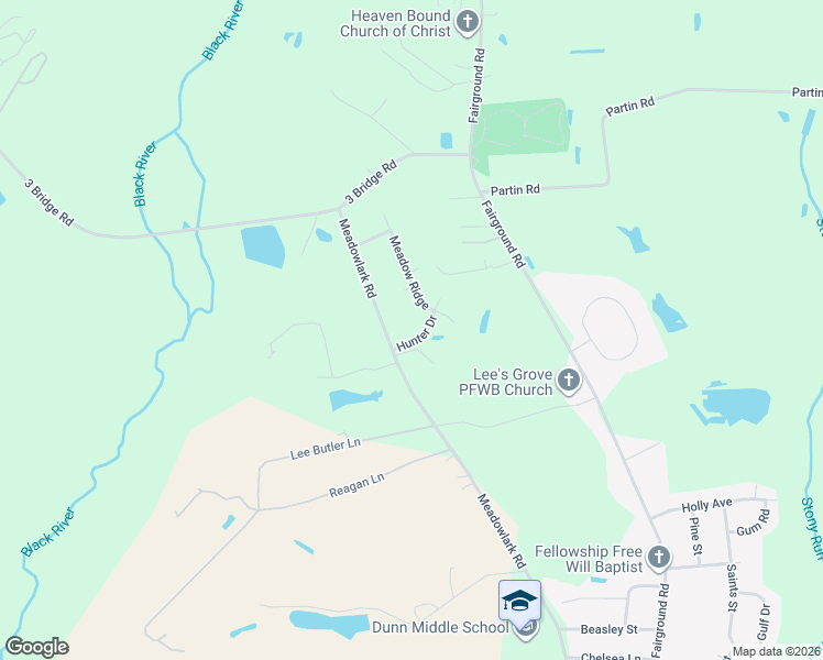 map of restaurants, bars, coffee shops, grocery stores, and more near Hunters Ridge Trail in Dunn