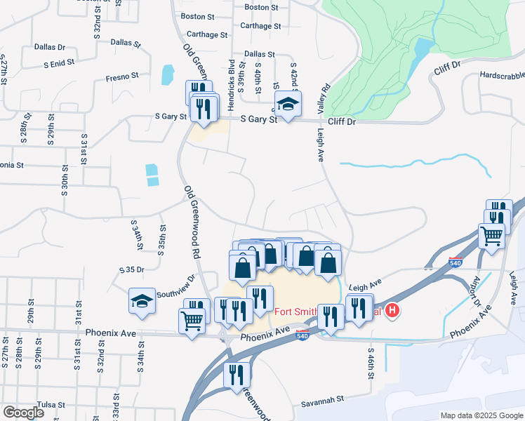 map of restaurants, bars, coffee shops, grocery stores, and more near 4102 Seminole Circle in Fort Smith