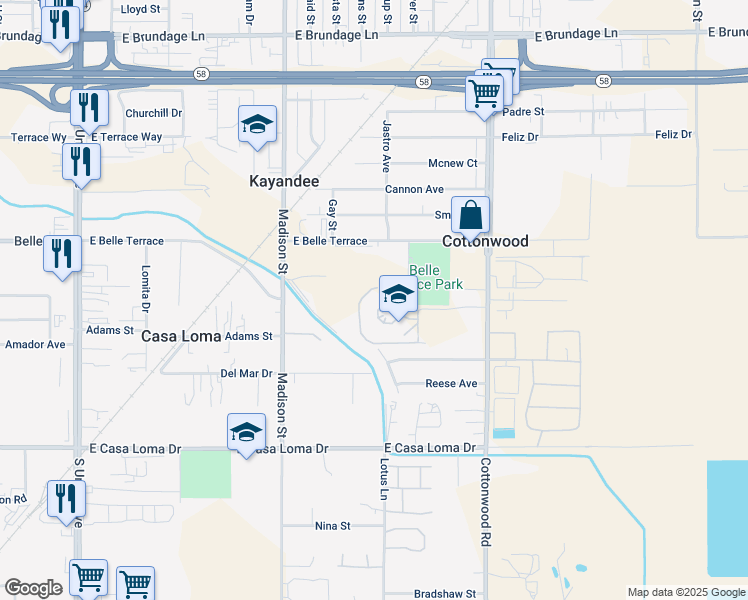 map of restaurants, bars, coffee shops, grocery stores, and more near 1100 Citadel Street in Bakersfield