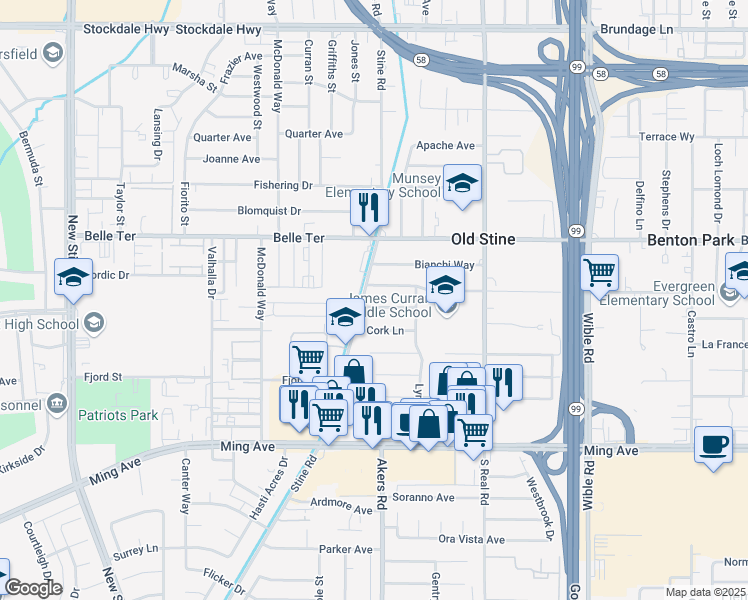 map of restaurants, bars, coffee shops, grocery stores, and more near 4108 Reno Avenue in Bakersfield