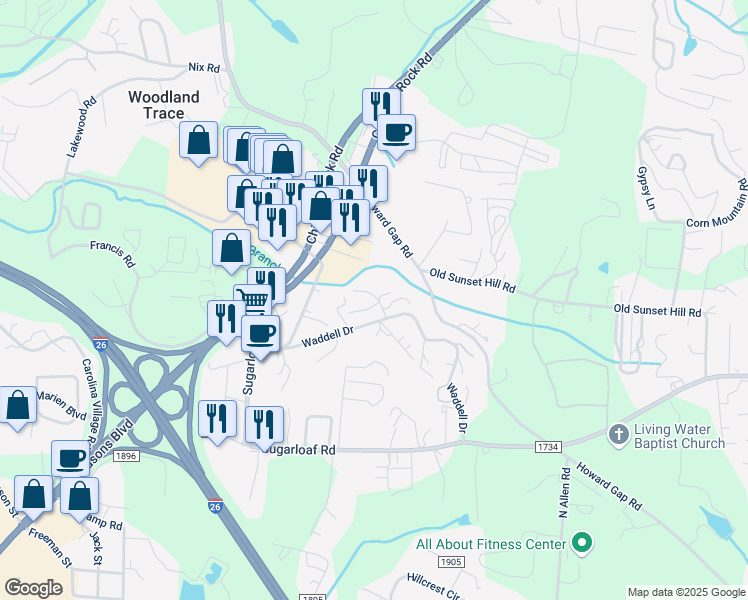 map of restaurants, bars, coffee shops, grocery stores, and more near 24 Nuthatch Road in Hendersonville