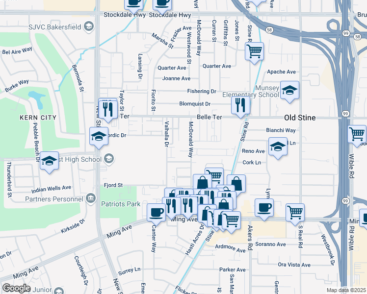 map of restaurants, bars, coffee shops, grocery stores, and more near 4512 Parkwood Court in Bakersfield