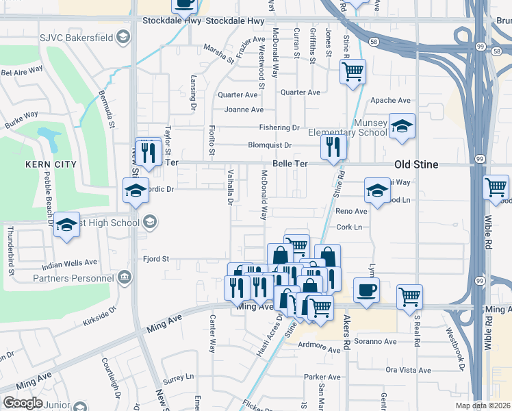 map of restaurants, bars, coffee shops, grocery stores, and more near 4512 Parkwood Court in Bakersfield
