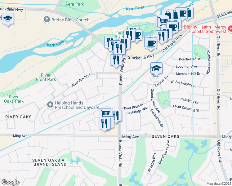 map of restaurants, bars, coffee shops, grocery stores, and more near 1118 Delta River Court in Bakersfield