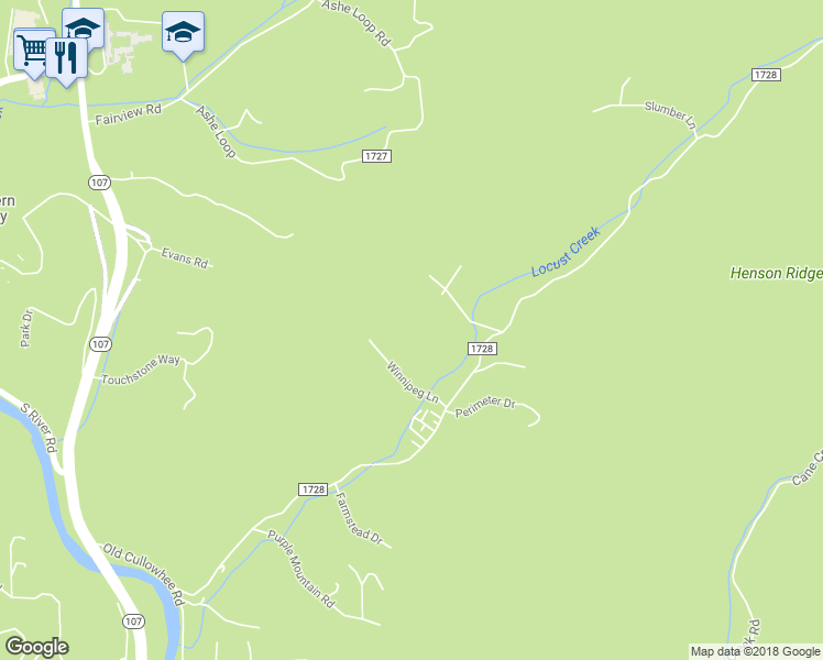 map of restaurants, bars, coffee shops, grocery stores, and more near 163 Match Point Drive in Sylva