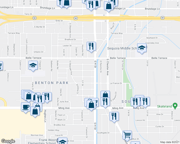 map of restaurants, bars, coffee shops, grocery stores, and more near 1721 Cecil Brunner Drive in Bakersfield