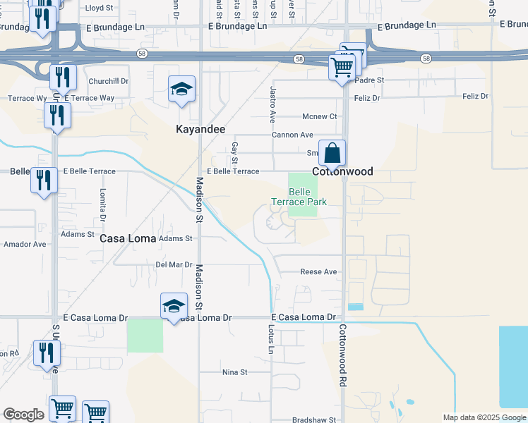 map of restaurants, bars, coffee shops, grocery stores, and more near 1100 Citadel Street in Bakersfield