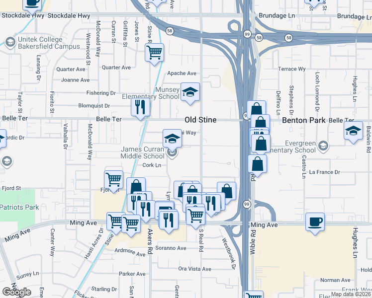 map of restaurants, bars, coffee shops, grocery stores, and more near 1116 Lymric Way in Bakersfield