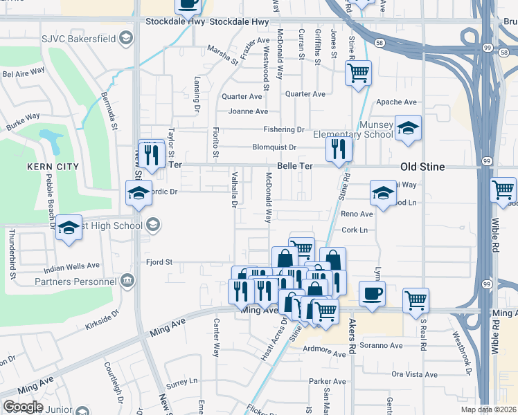 map of restaurants, bars, coffee shops, grocery stores, and more near 4512 Parkwood Court in Bakersfield