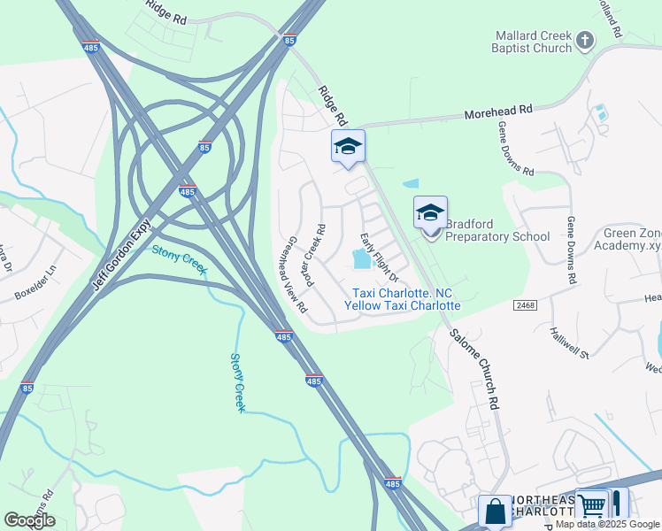 map of restaurants, bars, coffee shops, grocery stores, and more near 2511 Greenspire Court in Charlotte