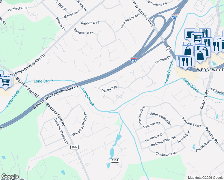 map of restaurants, bars, coffee shops, grocery stores, and more near 8812 Treyburn Drive in Charlotte
