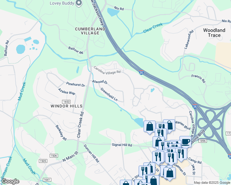 map of restaurants, bars, coffee shops, grocery stores, and more near 129 Greenfield Lane in Hendersonville