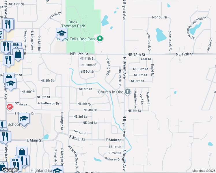 map of restaurants, bars, coffee shops, grocery stores, and more near 809 Oak Creek Drive in Moore