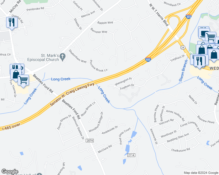 map of restaurants, bars, coffee shops, grocery stores, and more near 8622 Treyburn Drive in Charlotte