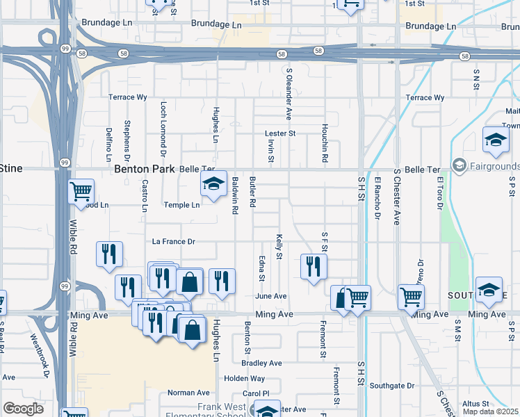 map of restaurants, bars, coffee shops, grocery stores, and more near 2206 Ellen Way in Bakersfield