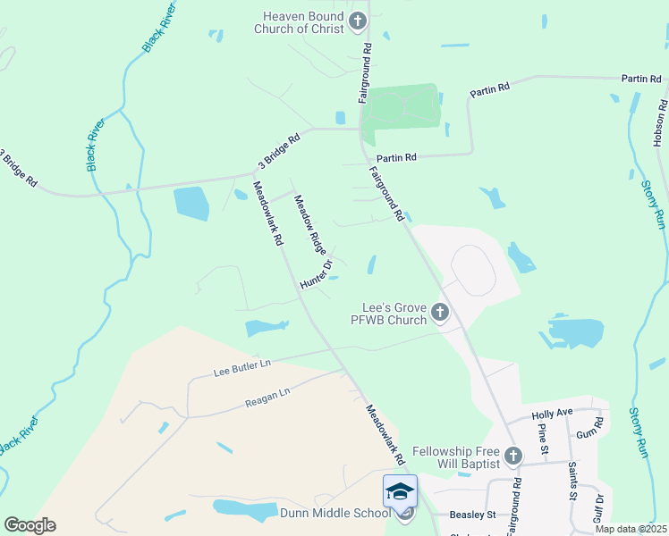 map of restaurants, bars, coffee shops, grocery stores, and more near 11 Meadow Ridge in Dunn