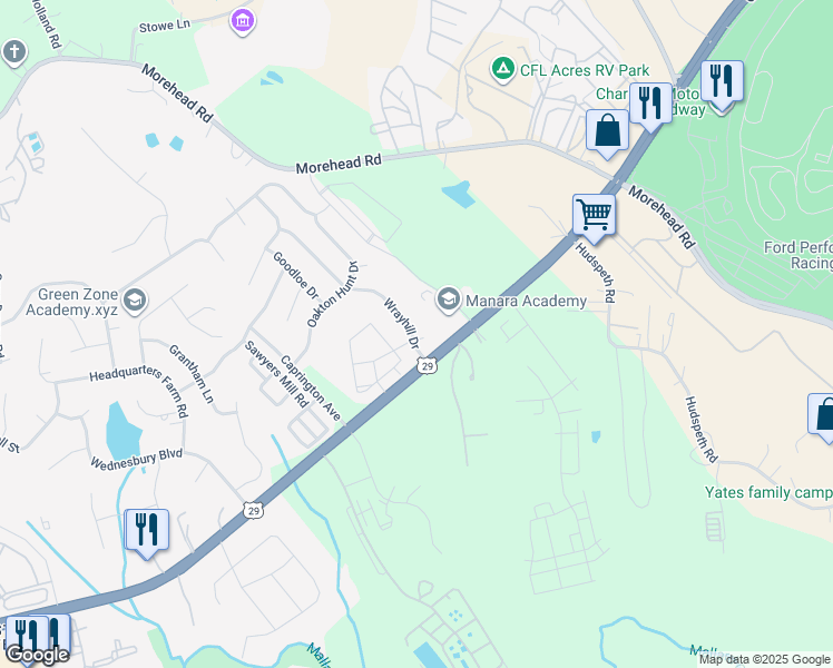 map of restaurants, bars, coffee shops, grocery stores, and more near 12701 Oldehurst Place in Charlotte