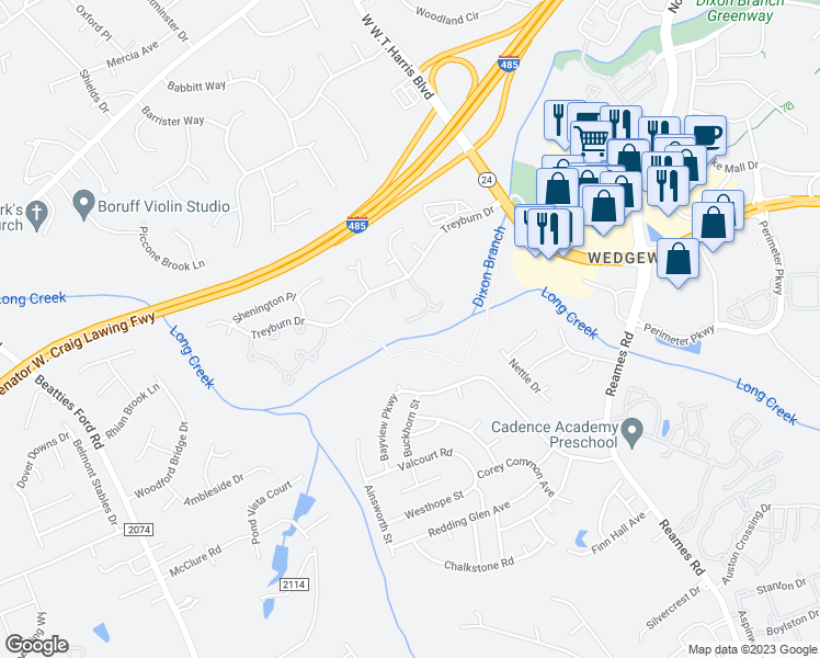 map of restaurants, bars, coffee shops, grocery stores, and more near 9449 Kimmel Lane in Charlotte