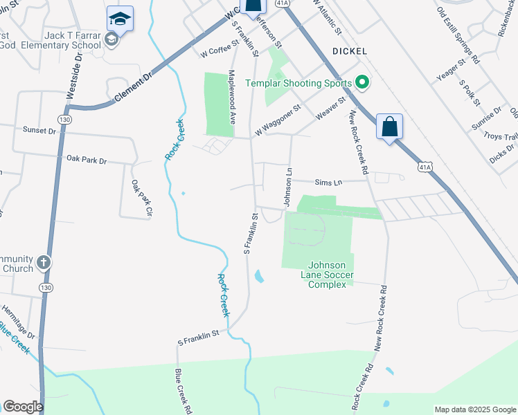 map of restaurants, bars, coffee shops, grocery stores, and more near 305 Johnson Lane in Tullahoma