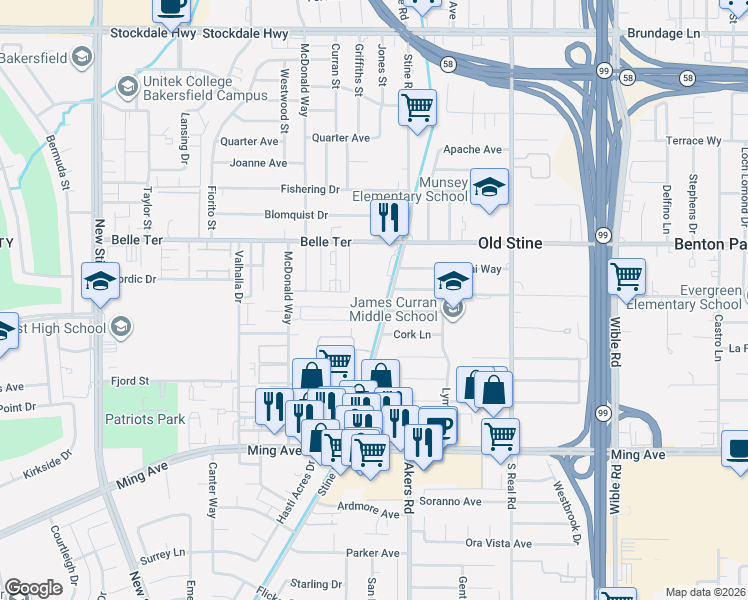 map of restaurants, bars, coffee shops, grocery stores, and more near 1009 Stine Road in Bakersfield