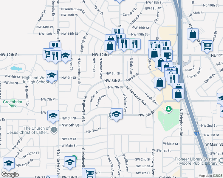 map of restaurants, bars, coffee shops, grocery stores, and more near 741 North Bristow Avenue in Moore