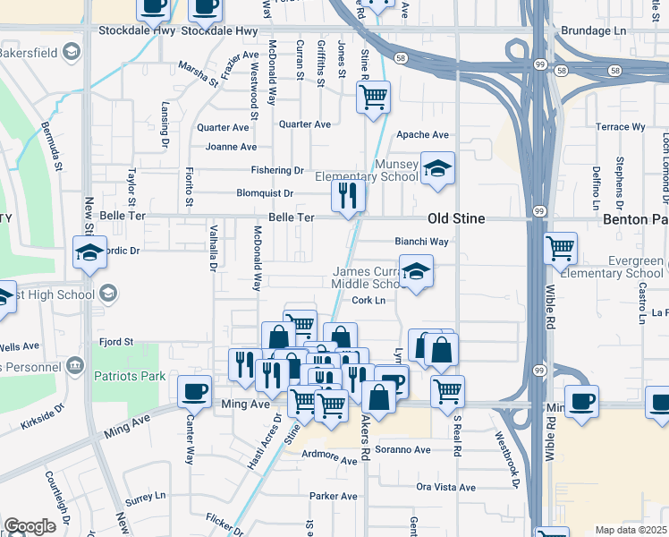 map of restaurants, bars, coffee shops, grocery stores, and more near 1009 Stine Road in Bakersfield