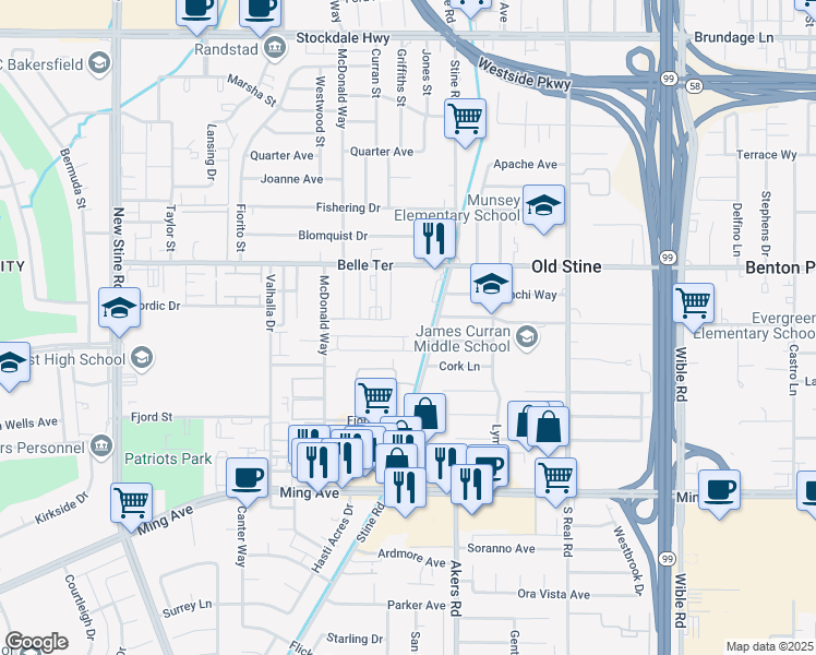 map of restaurants, bars, coffee shops, grocery stores, and more near 1009 Stine Road in Bakersfield