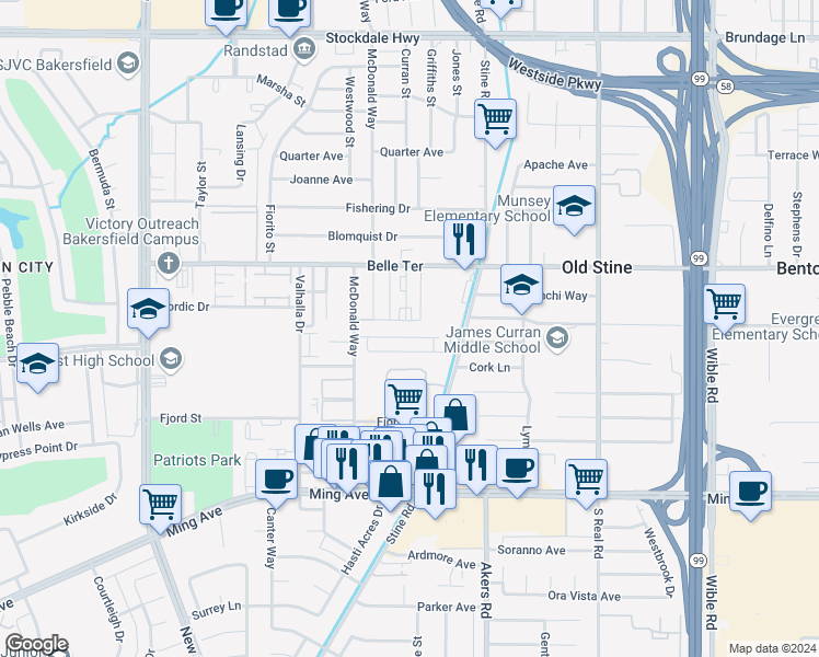 map of restaurants, bars, coffee shops, grocery stores, and more near 4301 Parkwood Court in Bakersfield