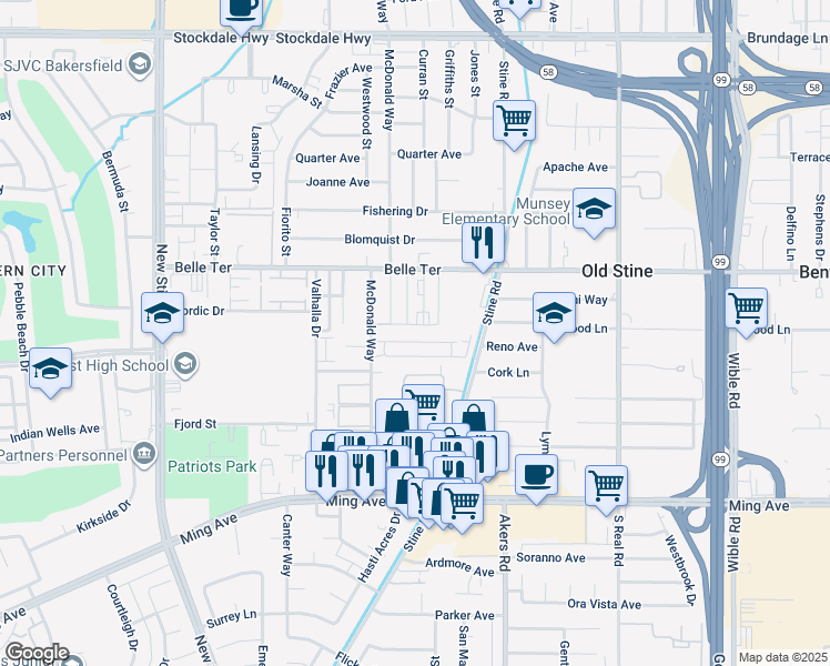 map of restaurants, bars, coffee shops, grocery stores, and more near 4409 Parkwood Court in Bakersfield