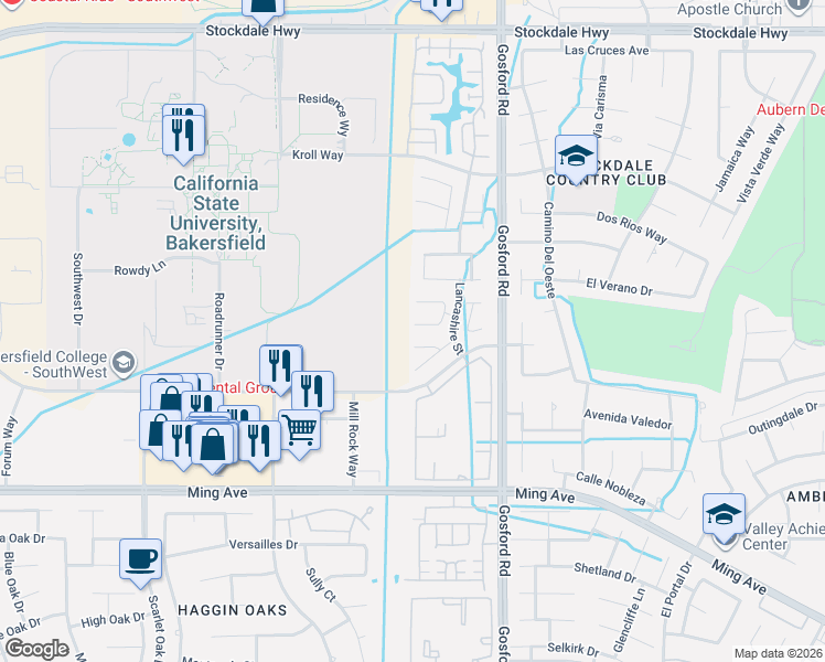 map of restaurants, bars, coffee shops, grocery stores, and more near 8224 Wakefield Court in Bakersfield