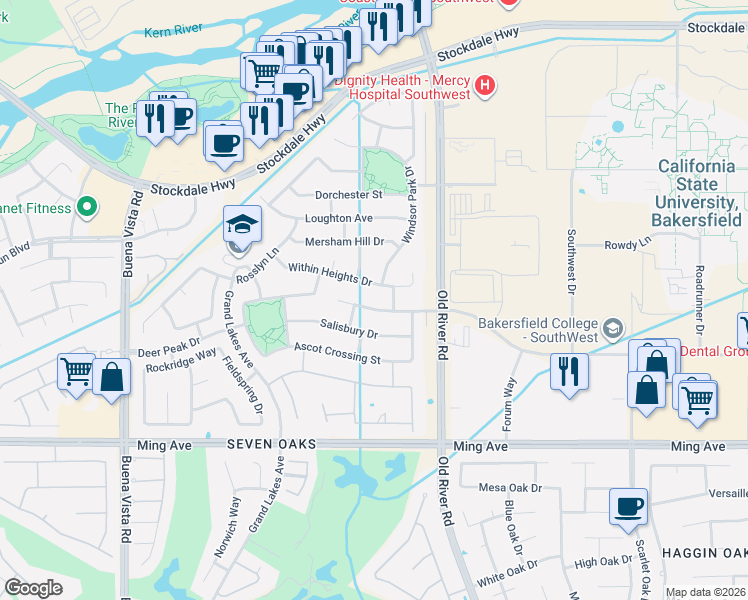 map of restaurants, bars, coffee shops, grocery stores, and more near 10300 Camino Media in Bakersfield