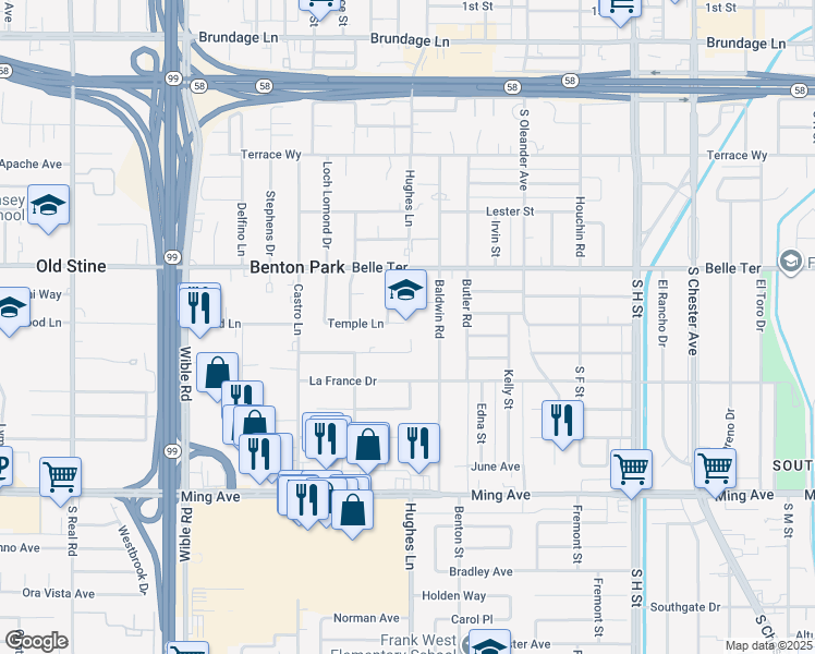 map of restaurants, bars, coffee shops, grocery stores, and more near 2600 Rose Marie Drive in Bakersfield