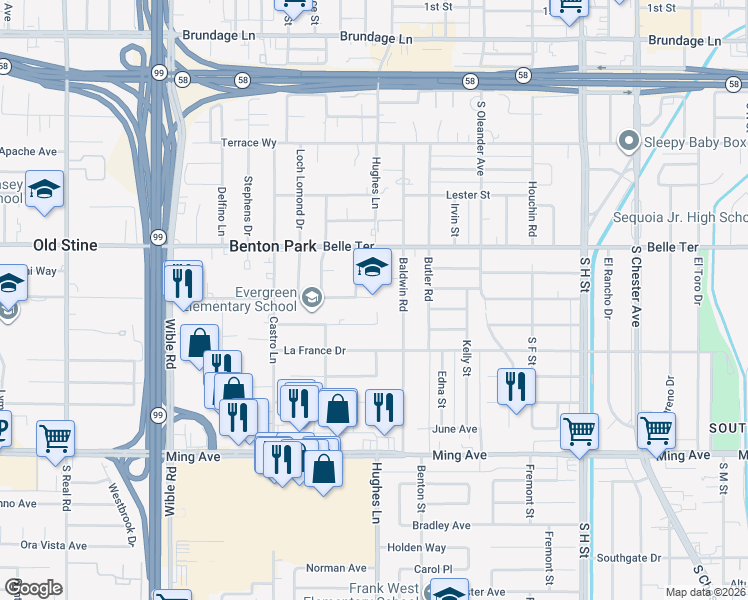 map of restaurants, bars, coffee shops, grocery stores, and more near 2600 Rose Marie Drive in Bakersfield